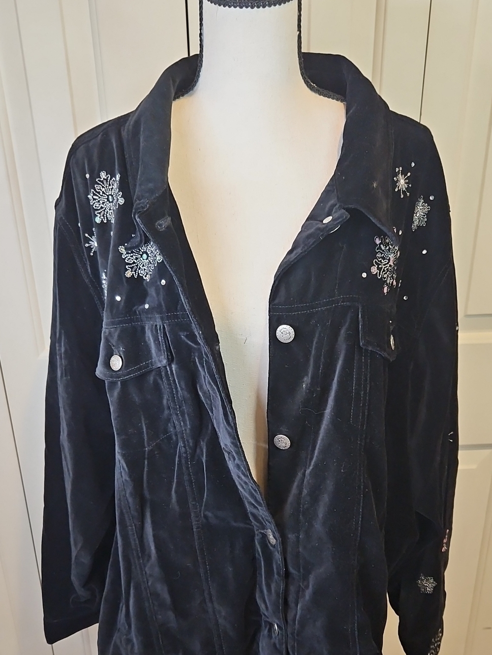 Quacker Factory Snowman Black Velvet Jacket Snowflake Capture The Magic 2X - Picture 15 of 15